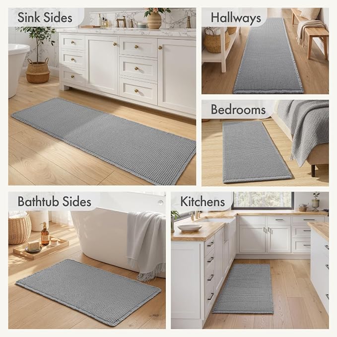 MIULEE Waffle Bathroom Runner Rugs, Super Absorbent Non Slip Bath Rug, Upgraded Soft Quick Dry Washable Boho Long Bath Mat with Tassels for Hallway Laundry Room Bedroom, 2'x6' (24"x72"), Light Grey