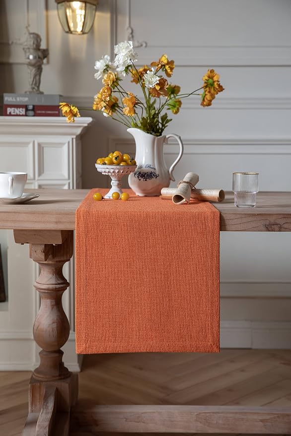 ZeeMart Burlap Style Farmhouse Table Runners 60 Inches Long, Burnt Orange Rustic Woven Dining Fall Table Runner for Everyday Use, 14x60 Inches, Harvest Pumpkin