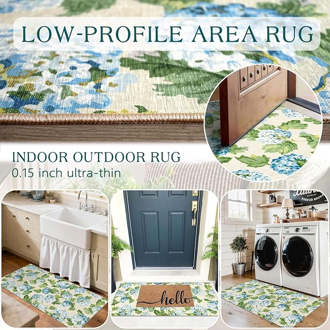 Front Door Mat Indoor Entrance - 2x4.3 Ft Spring Washable Layered Doormat Outdoor Entrance Porch Rug Non-Slip Light Blue Green Floral Runner Rug for Kitchen Bedroom Laundry Room Porch Decor