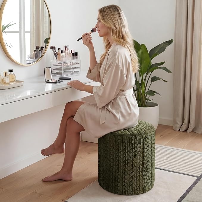 Modern Round Vanity Stools 2PCS, Small Wheat Pattern Ottomans, Cute Velvet Foot Stools, Tufted Fabric Footrest, Upholstered Vanity Chairs, Stools for Makeup, Bedroom(2, Wheat Pattern-Dark Green)