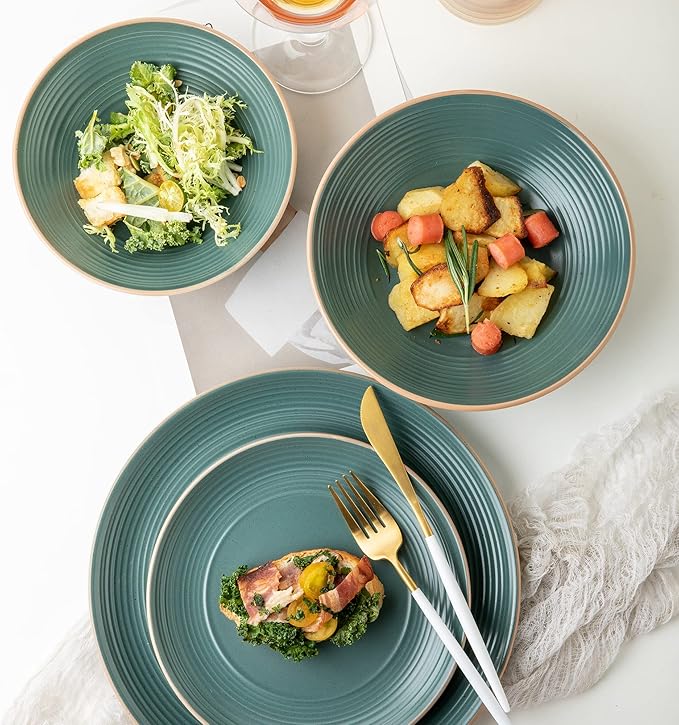 Arora RINGAR Round Stoneware 16pc Dinnerware Set of 4, Dinner Plates, Side Plates, Cereal Bowls, Mugs - Speckle Matte Green (434540)