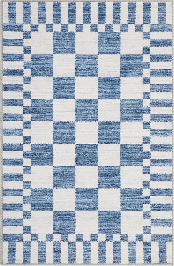 GarveeHome Dark Blue Checkered Rug 2x3 Washable Rug Non-Slip for Entryway, Soft Low-Pile Small Area Rugs,Neutral Modern Geometric Rugs for Kitchen