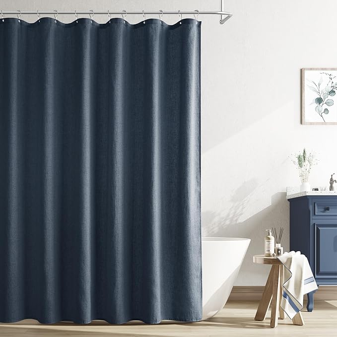 Naturoom Denim Blue Linen Shower Curtain, Country Boho Farmhouse Bath Decor Shower Curtains Neutral Cloth Weighted Textured Fabric Bath Curtain Liner with Hooks, 72x96
