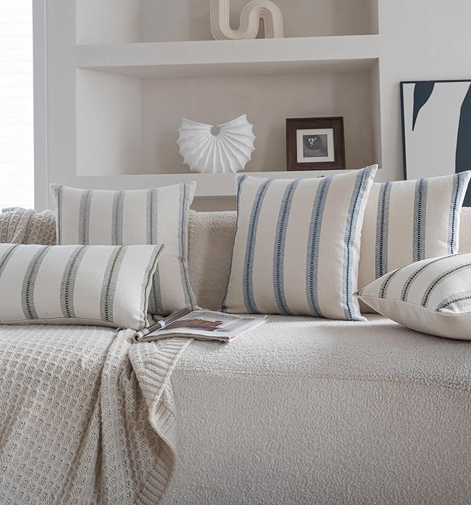 Cethom Boho Lumbar Pillow Covers 14x36 Long, Pack of 1, Blue Striped Decorative Body Pillowcase for Couch Bed, Textured Farmhouse Accent Cushion Covers for Living Room Bedroom Sofa Home Decor