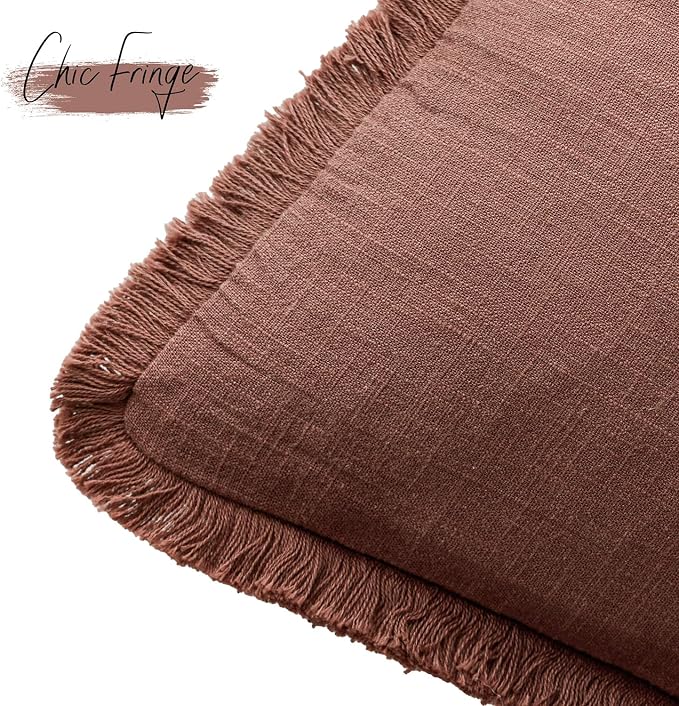 Foindtower Set of 2 Decorative Linen Fringe Throw Pillow Covers Boho Farmhouse Cushion Cover with Tassels Soft Accent Pillowcase for Couch Chair Sofa Bed Living Room Home Decor,18×18 Inch,Rust Red