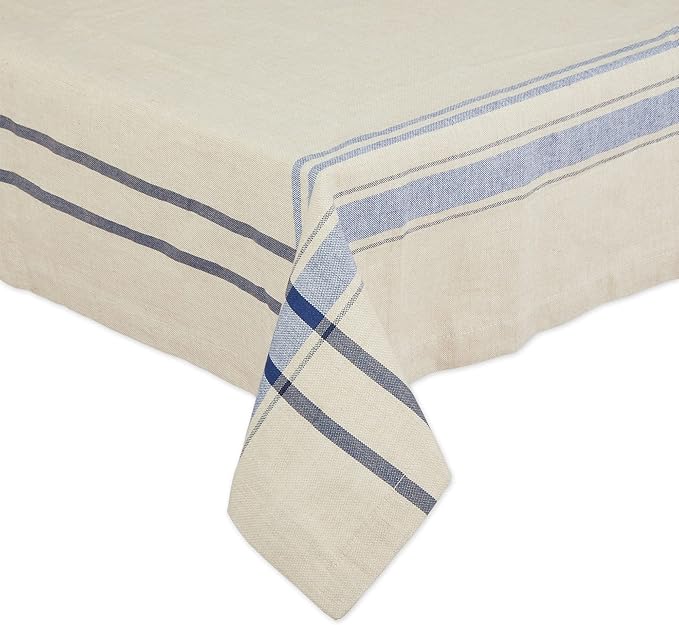 DII French Stripe Tabletop Collection Farmhouse Style Dining Table Linen Tablecloth, 60x104, Taupe/Blue