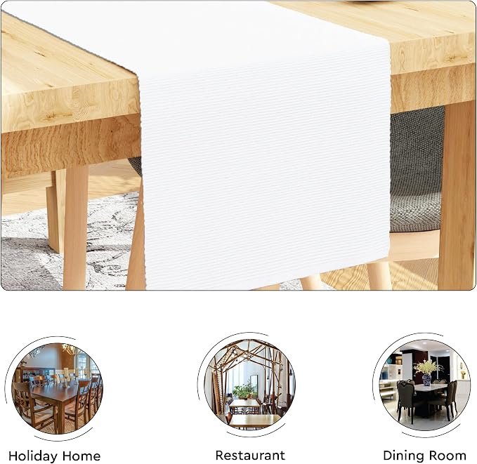 Encasa XO Dining Table Runner 13"x94" | Yarn Dyed Fine Ribbed Cotton | White | Machine Washable