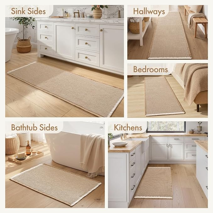 MIULEE Waffle Bathroom Rugs, Super Absorbent Non Slip Bath Rug, Upgraded Soft Quick Dry Washable Boho Beige Bath Mat with Tassels for Bathroom Floor, 24"x36", Brown & White