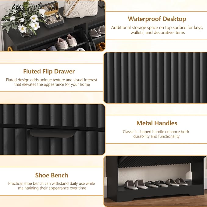 HUANLEGO Shoe Cabinet Storage for Entryway with 2 Flip Drawers, Black Fluted Shoe Cabinet with Open Storage, Wooden Hidden Shoe Rack Freestanding Narrow Slim Shoes Organizer for Hallway, Entrance