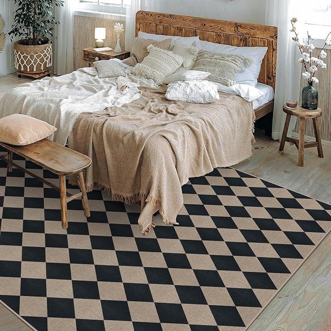 Rugalia Easy Jute Black Checkered 8x10 Area Rug, Washable Modern Outdoor Rug for Patio Non-Slip Diamond Rugs for Living Room, Neutral Farmhouse Floor Carpet for Bedroom Dining Room Classroom