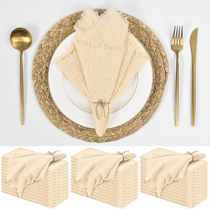 36 Pack Beige Handmade Cloth Napkins 12 x 12 Inch Cotton Linen Napkins with Fringe, Washable and Reusable Napkins, Soft Rustic Boho Fringe Cloth Napkins for Dinners,Parties, Wedding