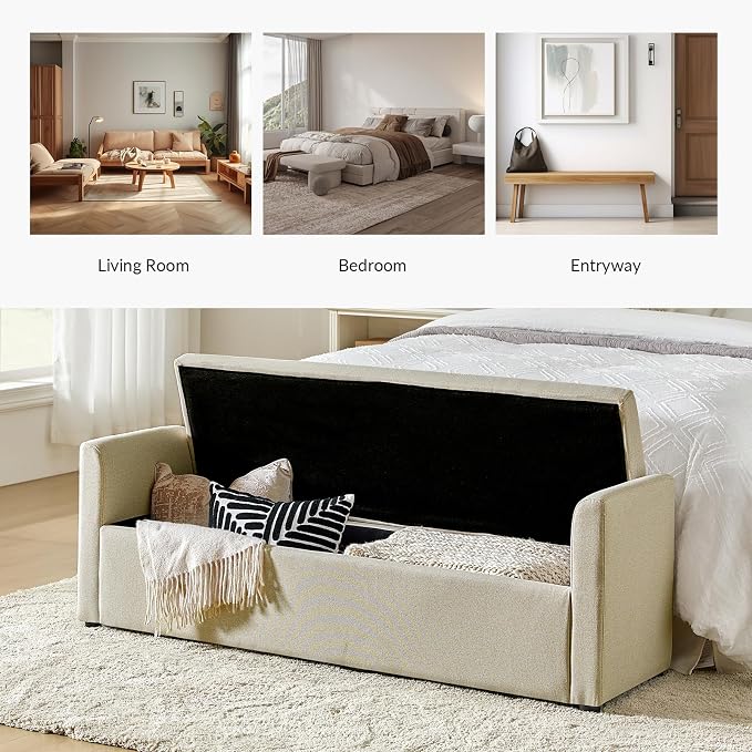 HULALA HOME 59" Storage Bench with 2 Throw Pillows, Modern Long Bedroom Bench for End of Bed, Comfy Upholstered Footstool for Entryway Living Room, Beige