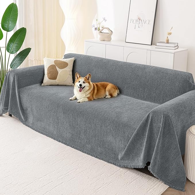 Smiry Couch Cover for Dogs, Washable Chenille Sofa Covers for 3 Cushion Couch, Soft Sofa Slipcover for Pets, Thick Sectional Furniture Protector with Tassels (Grey, 71x102 Inch)