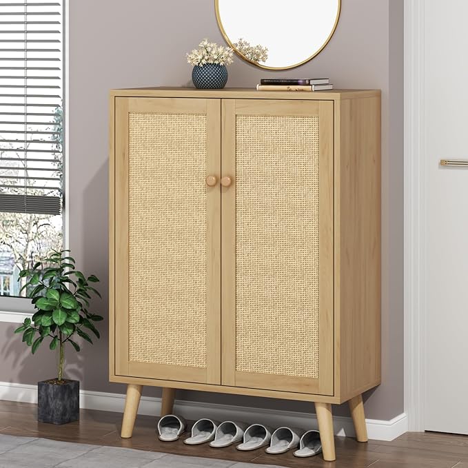 Loomie Rattan Shoe Cabinet, 6-Tiers Shoe Storage Cabinet for Entryway Hallway, 2 Door Accent Cabinet with Adjustable Shelves, 44" H Tall Sideboard Storage Cabinet Closet Living Room (Natural)