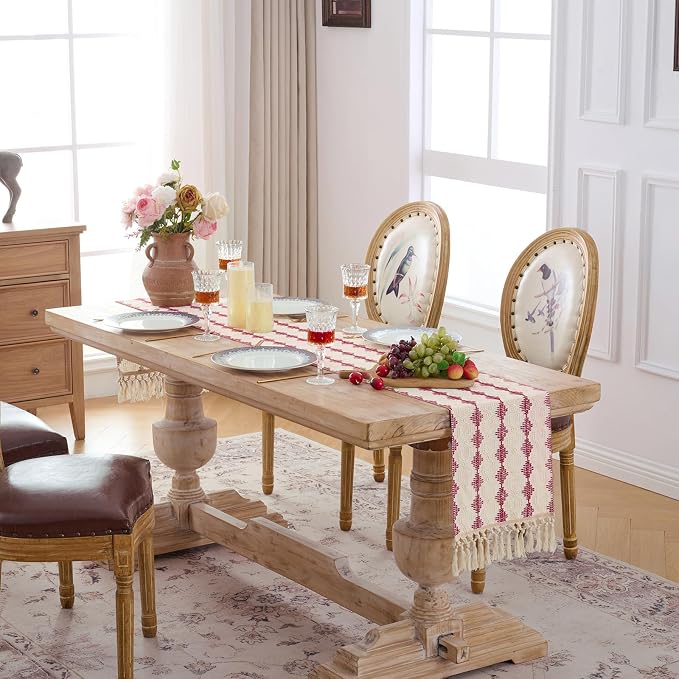 Fancy Homi Burgundy Boho Cotton Polyester Table Runner 72 Inches Long, Farmhouse Macrame Table Runners with Tassels for Home Party Bohemian Rustic Bridal Shower Kitchen Dining Decor 12x72 Inches