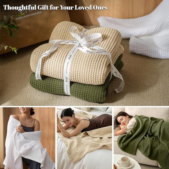 PHF 100% Cotton Waffle & Muslin Blanket Twin Size, Soft Breathable Luxury 400GSM Versatile Reversible Bedding for Bed, Great for Layering in Cold Weather, Home Decor Gift, 66" x 90", Frosted Grey