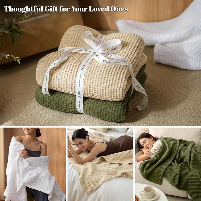 PHF 100% Cotton Waffle & Muslin Throw Blanket Large, Soft Breathable Luxury 400GSM Versatile Reversible Bedding for Couch, Great for Layering in Cold Weather, Home Decor Gift, 50" x 70", White