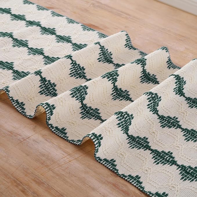 Fancy Homi Hunter Green Boho Cotton Polyester Table Runner 48 Inches Long, Farmhouse Macrame Table Runners with Tassels for Home Party Bohemian Rustic Bridal Shower Kitchen Dining Decor 12x48 Inches