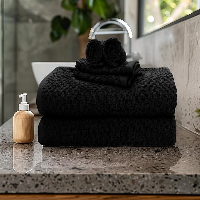 COTTON CRAFT Waffle 6 Piece Towel Set - 100% Cotton - 2 Oversized Luxury Euro Spa Waffle Weave Large Bath Towels, 2 Hand Towels, 2 Washcloths - Absorbent Quick Dry Hotel Bathroom Shower Pool - Black