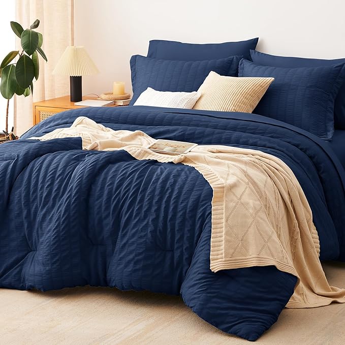 CozyLux Twin XL Comforter Set with Sheets Seersucker Navy Blue 5 Pieces Bed in a Bag, Twin Extra Long Luxury Soft Bedding Sets College Dorm with Down Alternative Comforter, Sheets, Pillowcase & Sham