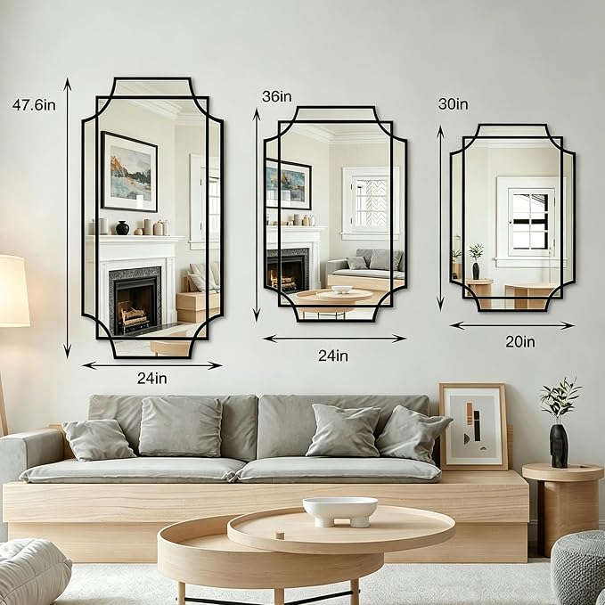 Geometric Beveled Mirror, 30" x 20" Art Deco Mirror with Wood Frame, Ornate Rectangle Accent Wall Mirror for Bathroom, Entryway, Hallway, Living Room, Bedroom, Horizontal or Vertical Hanging