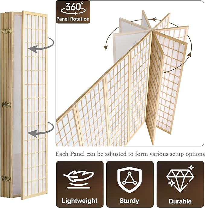 WelFurGeer 8 Panel Room Divider, Folding Privacy Shoji Screens, Room Partitions and Dividers, Decorative Room Dividers, Wall Dividers for Room Separation, Japanese Wood Room Divider for Home (Natural)