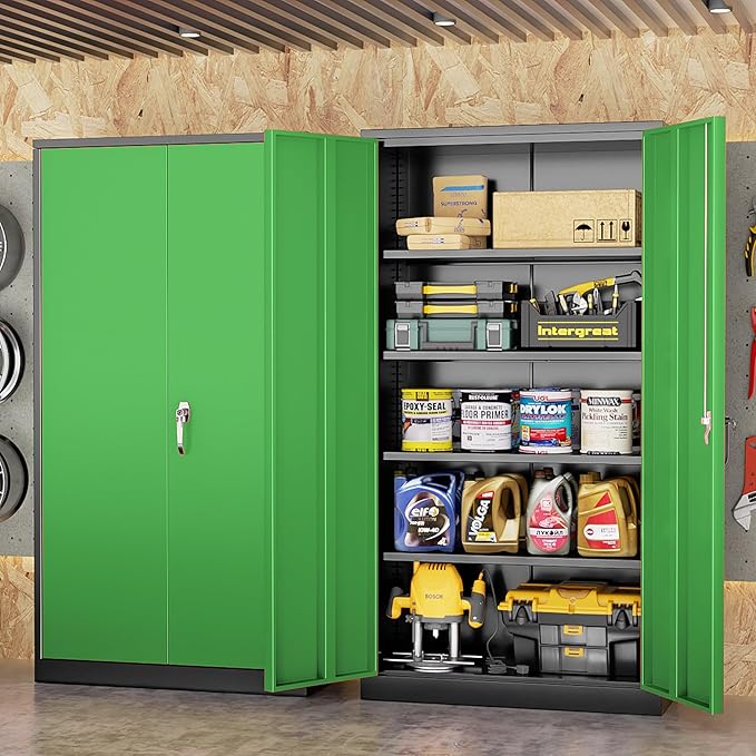 INTERGREAT Metal Storage Cabinet with Doors, 72" Locking Steel Storage Cabinet with Shelves, Tall Metal Cabinet Lockable Steel Cabinets for Home Office, Garage,(Black+Green)