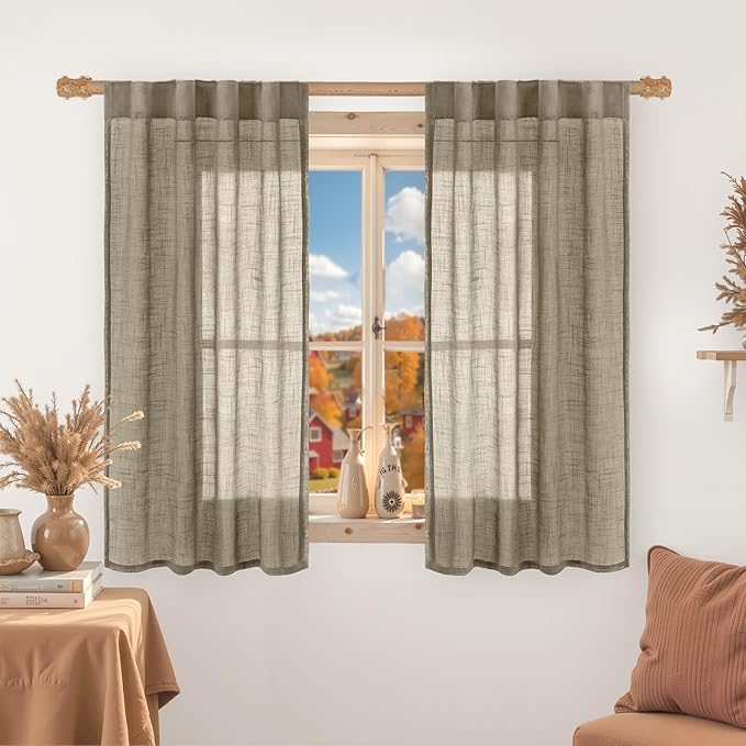 LAMIT Taupe Sheer Linen Curtains 48 Inch Length, Light Filtering Short Kitchen Window Drapes Back Tab and Rod Pocket Neutral Farmhouse Panels for Bedroom/Cafe, 2 Panels, 34 x 48 Inch