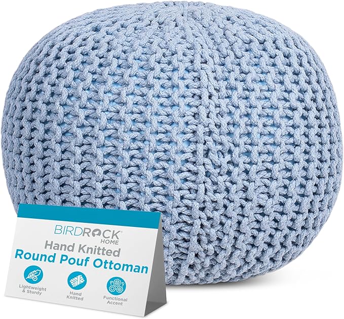 BIRDROCK HOME Round Pouf Ottoman | Cotton Braided Foot Stool with Bean Bag Filling | Boho Foot Rest for Living Room & Bedroom | Compact & Comfortable Seating, Lightweight & Soft | Soft Blue