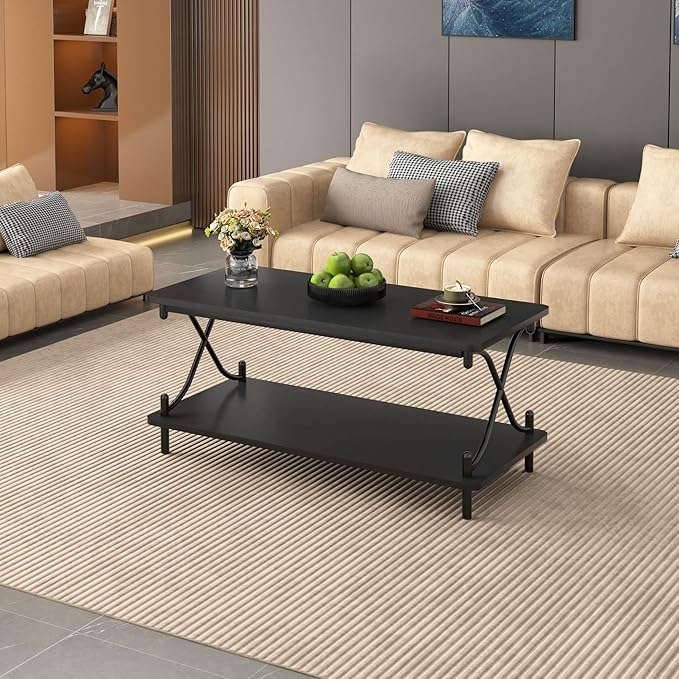 VECELO Coffee Table for Living Room with Round Corners Modern Farmhouse Center Table with Storage Shelf for Home Office 39 Inch, Easy Assembly, Matte Black