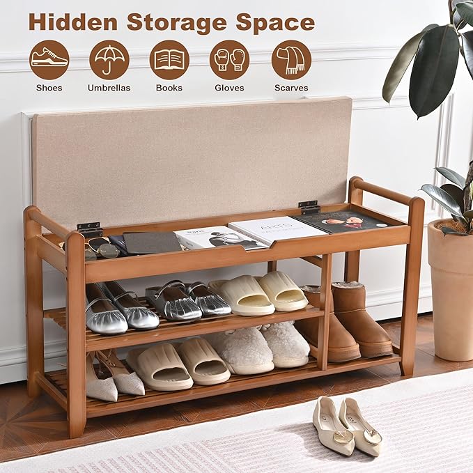 39.4in Shoe Rack Bench, Shoe Storage Bench with Lift Top Hidden Storage, Entryway Bench Holds Up to 330lb for Bedroom Living Room