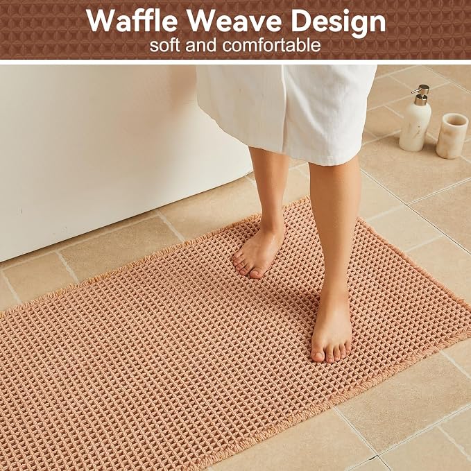 Triohero Waffle Bath Mat, Boho Bathroom Rugs Non Slip Washable, Ultra Soft Super Absorbent Quick Dry Farmhouse Bathroom Decor, 20" x 30", Light Peachy