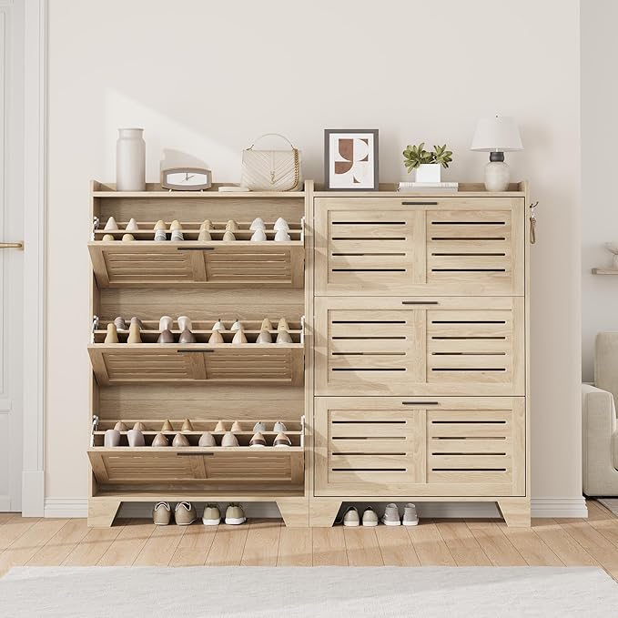 IDEALHOSUE Shoe Cabinet Storage for Entryway, Slim Shoe Storage Cabinet with 3 Flip Drawers, Freestanding Hidden Narrow Shoe Organizer Cabinet with Hooks for Entrance, Foyer, Hallway, Light Oak