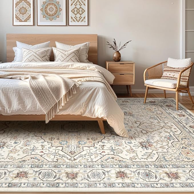 8x10 Area Rugs Living Room: Washable Boho Large Neutral Vintage Soft Rug Stain Resistant Farmhouse Non Slip Indoor Floor Carpet for Bedroom Nursery Kids Playroom Office Dining Room- Cream Blue