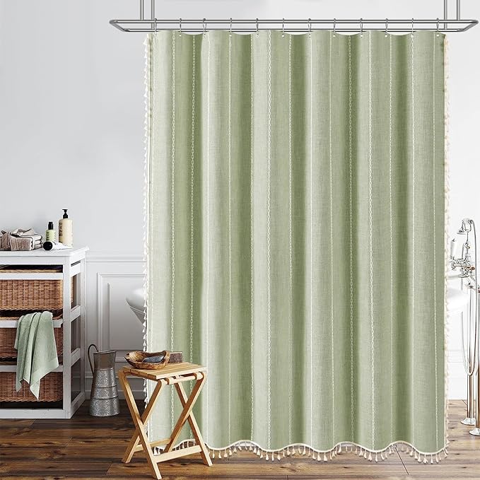 BTTN Boho Farmhouse Shower Curtain - Linen Rustic Heavy Duty Striped Fabric Shower Curtain Set, Bohemian Vintage Country Cloth Shower Curtains for Bathroom, Sage Green, 60" W x 72" L (Pack of 1)
