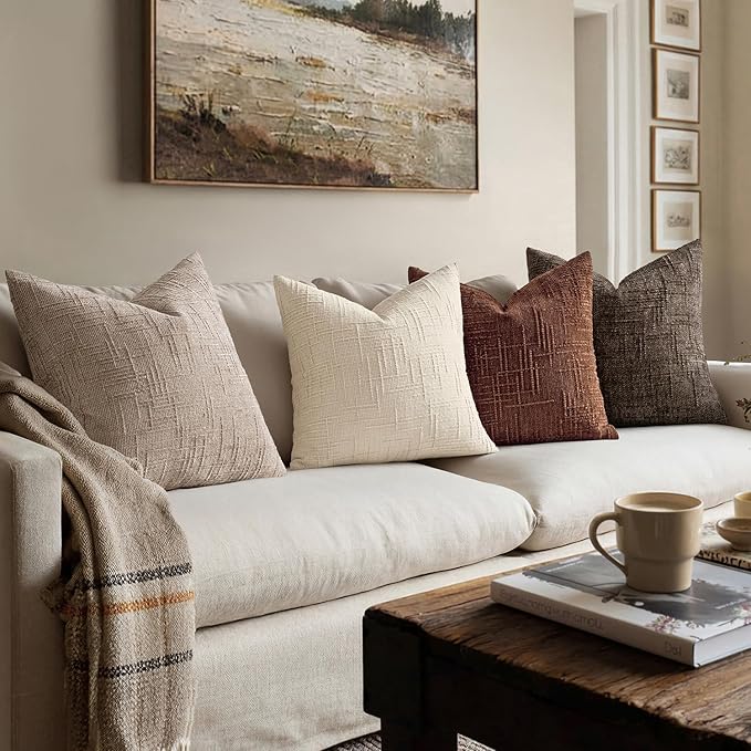 MIULEE Textured Throw Pillow Covers Thick Chenille Decorative Pillows Oatmeal 20x20 Inch Set of 2 Modern Boho Farmhouse Home Decor Neutral Cushion Covers for Couch Sofa Living Room Bedroom