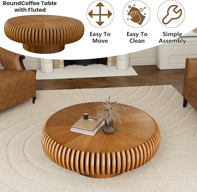 Round Coffee Table for Living Room, Modern Drum Center Table, Fluted Side Table with Sturdy Base Circle Tea Table for Bedroom, Office, Apartment (Brown 31.5”)
