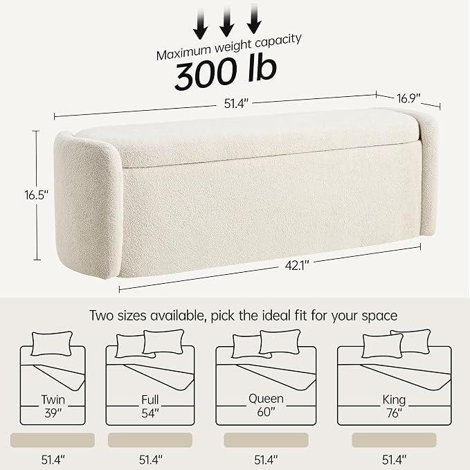 VKNOW 51" Storage Ottoman Bench, Upholstered End of Bed Bench with Smooth Hinges, Oval Large Ottoman Bench for Bedroom, Living Room and Hallway Entryway, Beige