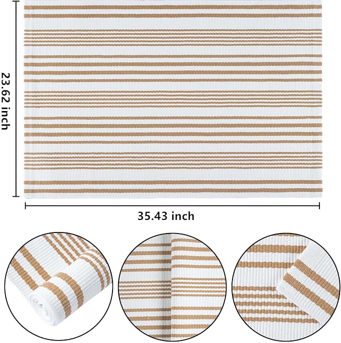 Khaki and White Striped Outdoor Rug 24'' x 51'' Front Porch Rug Hand-Woven Machine Washable Indoor/Layered Door Mats for Entryway/Bedroom