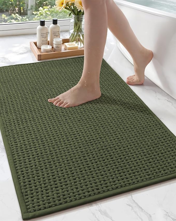 Color&Geometry Rubber Backed Waffle Bath Mat 36x24, Non Slip Water Washable Bathroom Rugs, Soft Absorbent Chenille Boho Carpet for Bathroom Floor, Tub and Shower, Green
