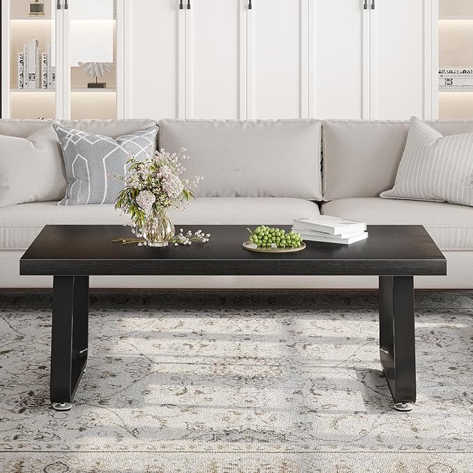 HSH Black Coffee Table, Industrial Wood and Metal Legs Center Table, Modern Minimalist Rectangle Cocktail Table for Living Room, Farmhouse Wooden Tea Table for Bedroom Home Office, Black Oak, 47 Inch
