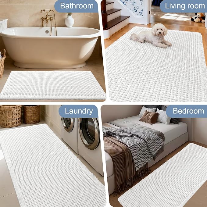 ACCUMTEK Upgraded Waffle Bath Mat, 32"x20" White, Super Absorbent Non-Slip Quick Dry Bathroom Rugs with Tassels, Machine Washable Ultra Soft Boho Bath Rugs for Floor, Toilet Mats Boho Farmhouse Decor
