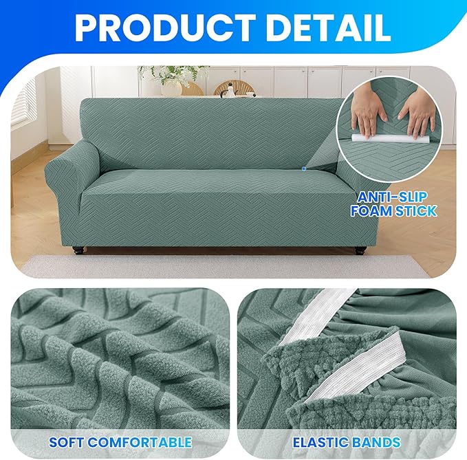 Stretch Sofa Slipcover 1 Piece Couch Sofa Cover,31"-46" Non Slip Soft Couch Sofa Cover Washable Furniture Protector with Non Skid Foam and Elastic Bottom for Kids, Pets,Pea Green