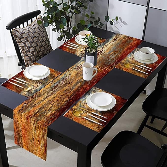 Brown Rust Table Runner and Place Mats Set of 6 Abstract Colorful Metal Steel Iron Rusty Stain Linen Dining Mat Sets Washable Vintage Splash Messy for Home Table Decorations 70 Inches Long