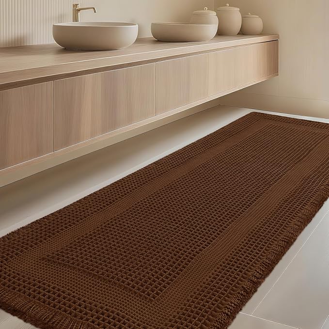 Extra Large Waffle Bath Mat, Boho Woven Modern Bath Rug Absorbent Non Slip, Ultra Soft Bathroom Mats, Machine Washable Knit Bath Rugs with Tassels for Bathroom, Bedroom, Kitchen, Tub, 5'x2', Brown