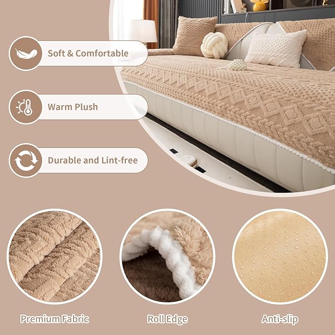 Geometric Jacquard Plush Warm Sofa Couch Cover, Soft Funny Fuzzy Couch Covers, Non Slip Sectional Sofa Slipcover, Cozy Washable Furniture Protector for Kids, Pets (Khaki, 36"x 71")
