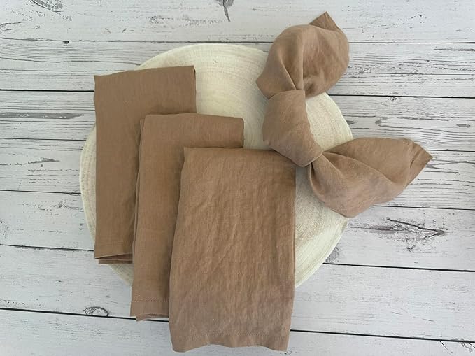 Linen Napkins –100% French Flax – Stonewashed Pure Linen Cloth Napkins - Size 18 Inch x 18 Inch – Set of 4 (Caramel)