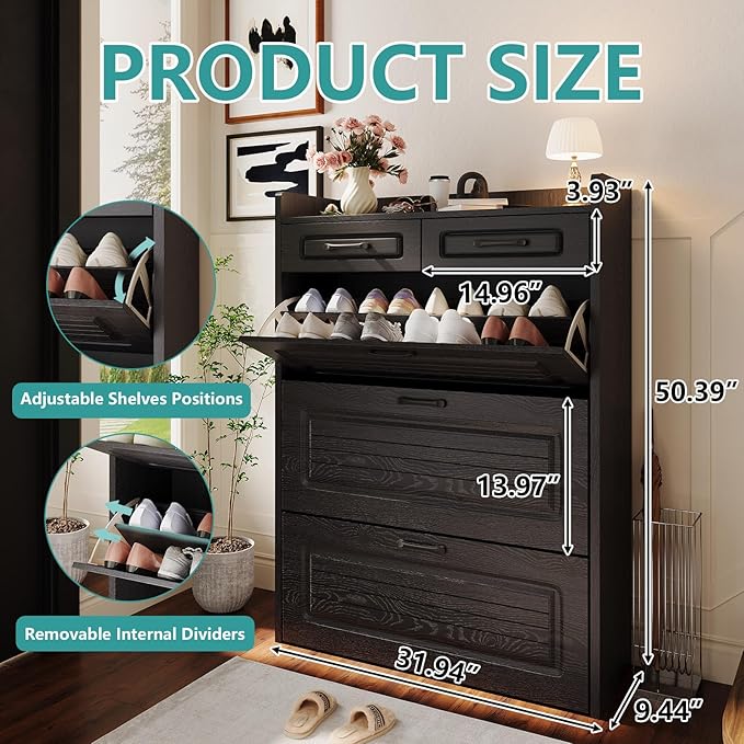 Shoe Cabinet with 3 Large Flip Drawers and 2 Storage Drawers, Narrow Shoe Organizer Cabinet Fits for Kinds of Shoes, Slim Shoe Storage Cabinet for Entryway, Hallway, Black
