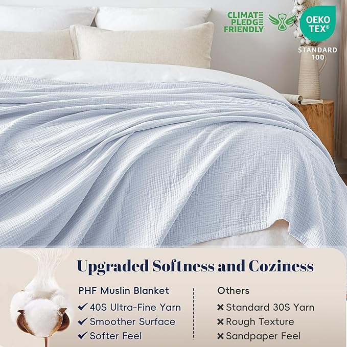 PHF 100% Cotton Muslin Blanket Queen Size 90"x90", 4-Layer Lightweight Gauze Throw, Breathable Cloud-Soft Minimalist Blanket for Bed, Couch, Camping, Ancient Water, Ideal Gift
