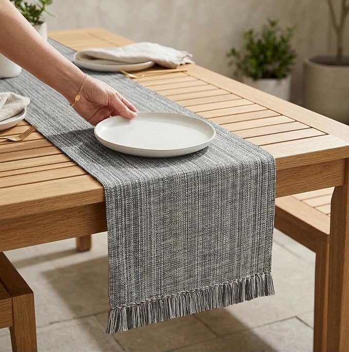 PurpleEssences Chambray Table Runner with Fringes - 100% Cotton, 13x72 Inch - Rustic Farmhouse Table Décor, Reusable, Machine Washable for Dining Tables - Spring Easter Summer - Mineral Gray & H.White